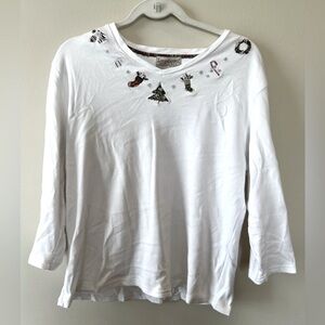 Longaberger Homestead‎ 3/4 sleeve top women XL Christmas appliqué holiday cotton